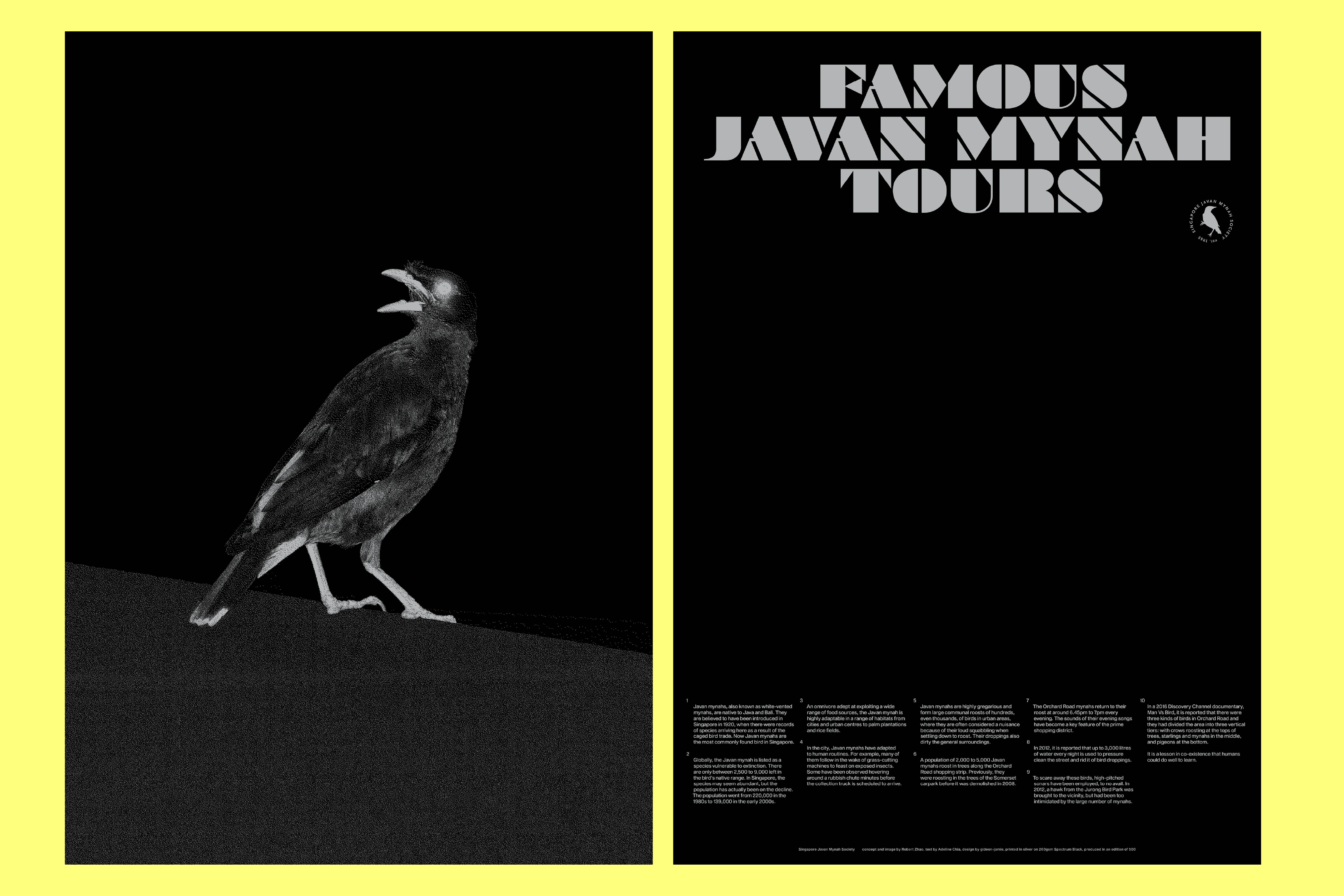 978 Famous Javan Mynah Tours (project poster), for Robert Zhao Renhui